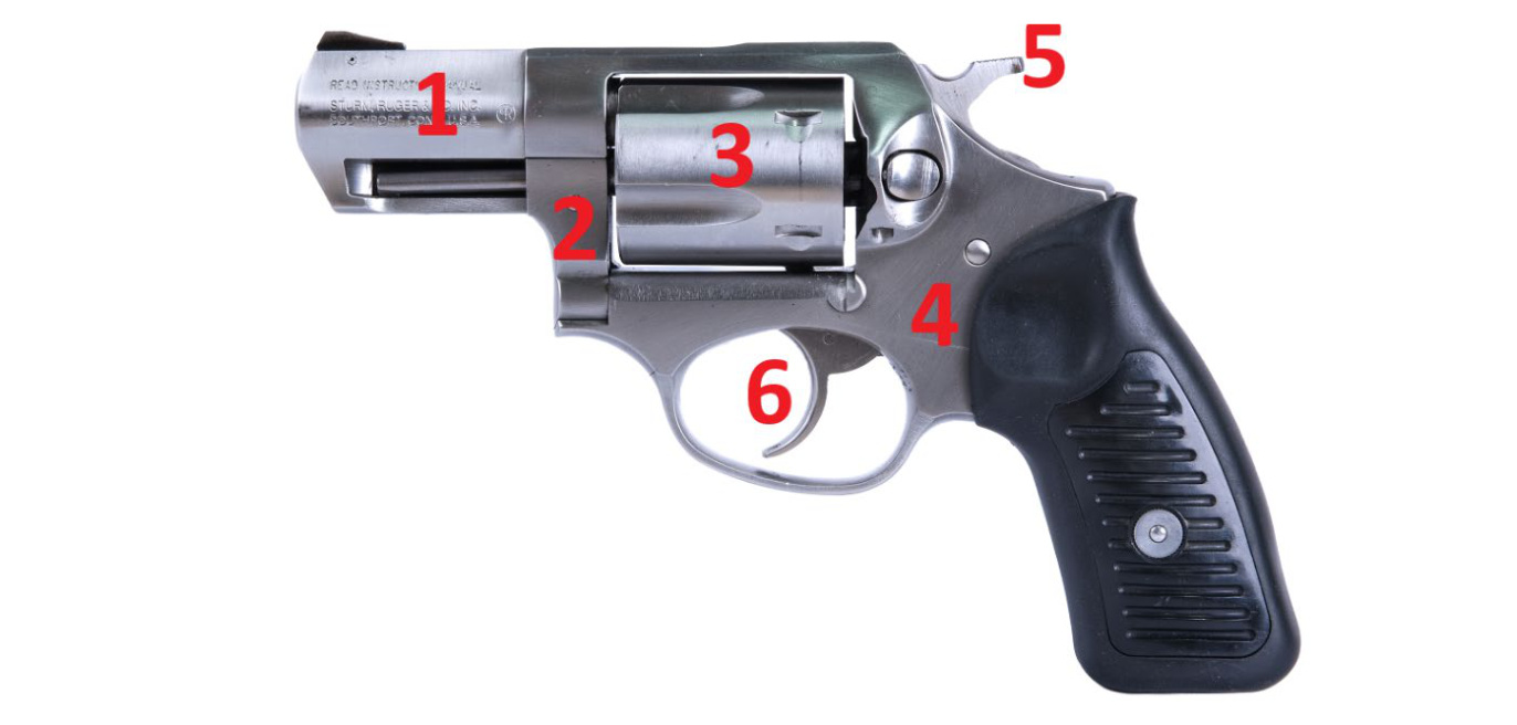 Nerezový revolver s krátkou hlavní z boku, u jeho částí červená čísla 1 až 6