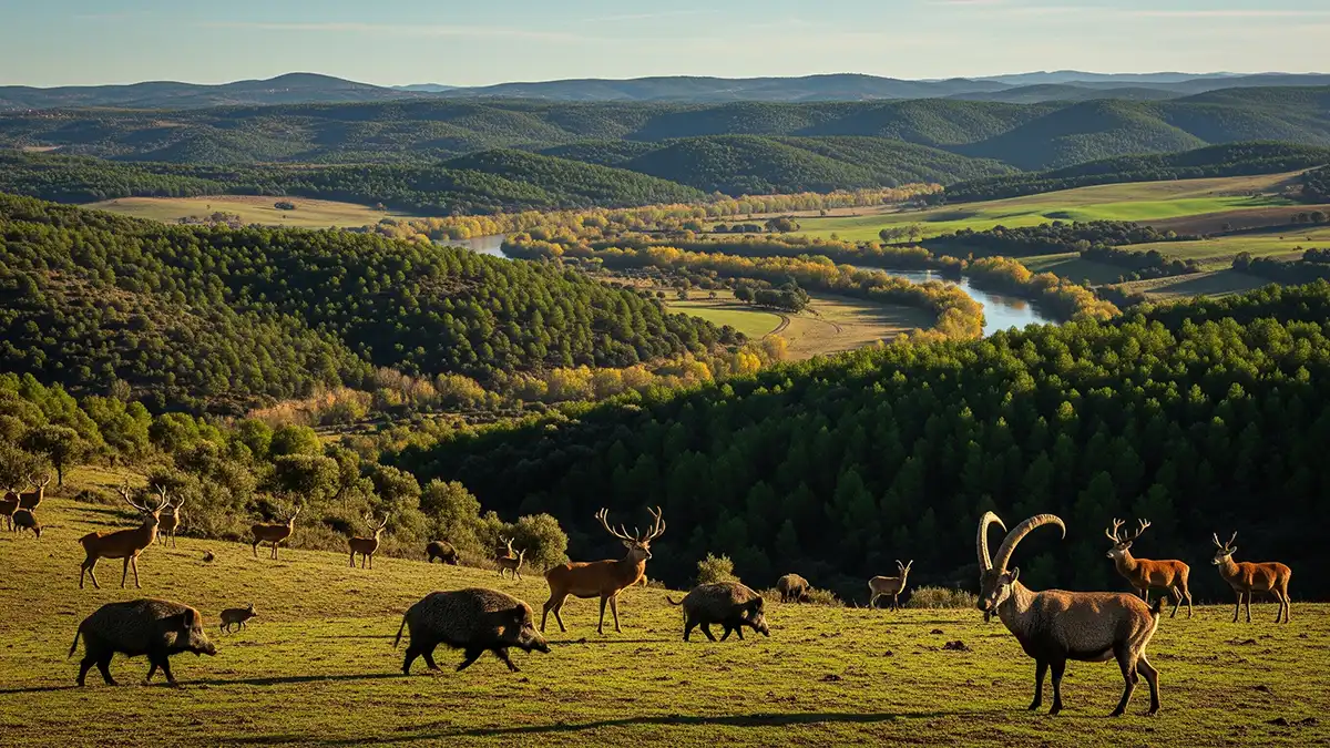 Vista panorámica de un coto de caza español con señalización reglamentaria