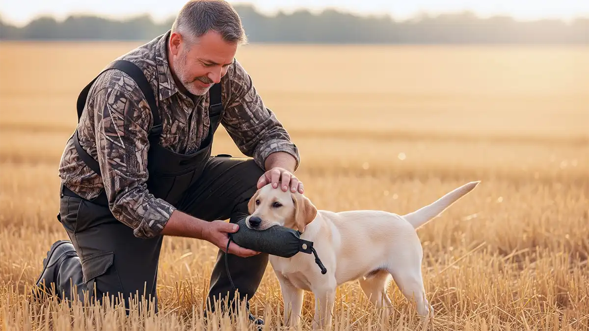 Cachorro de perro de caza realizando ejercicios básicos de entrenamiento en el campo