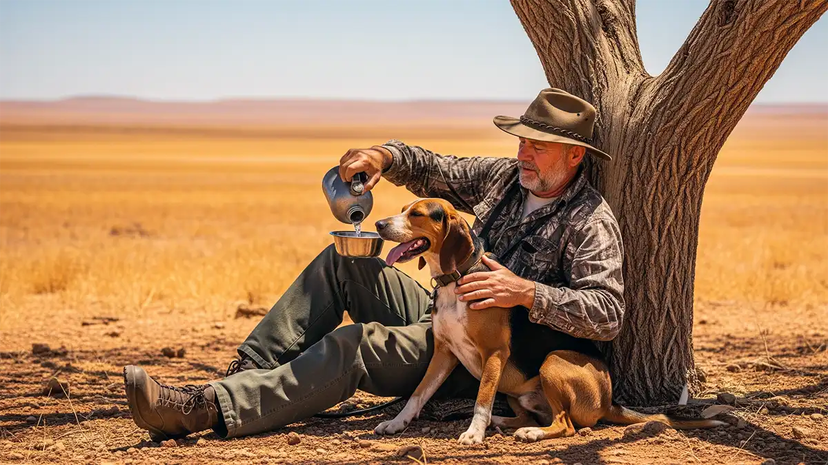 Cazador y perro equipados para cazar en día caluroso con equipo de protección