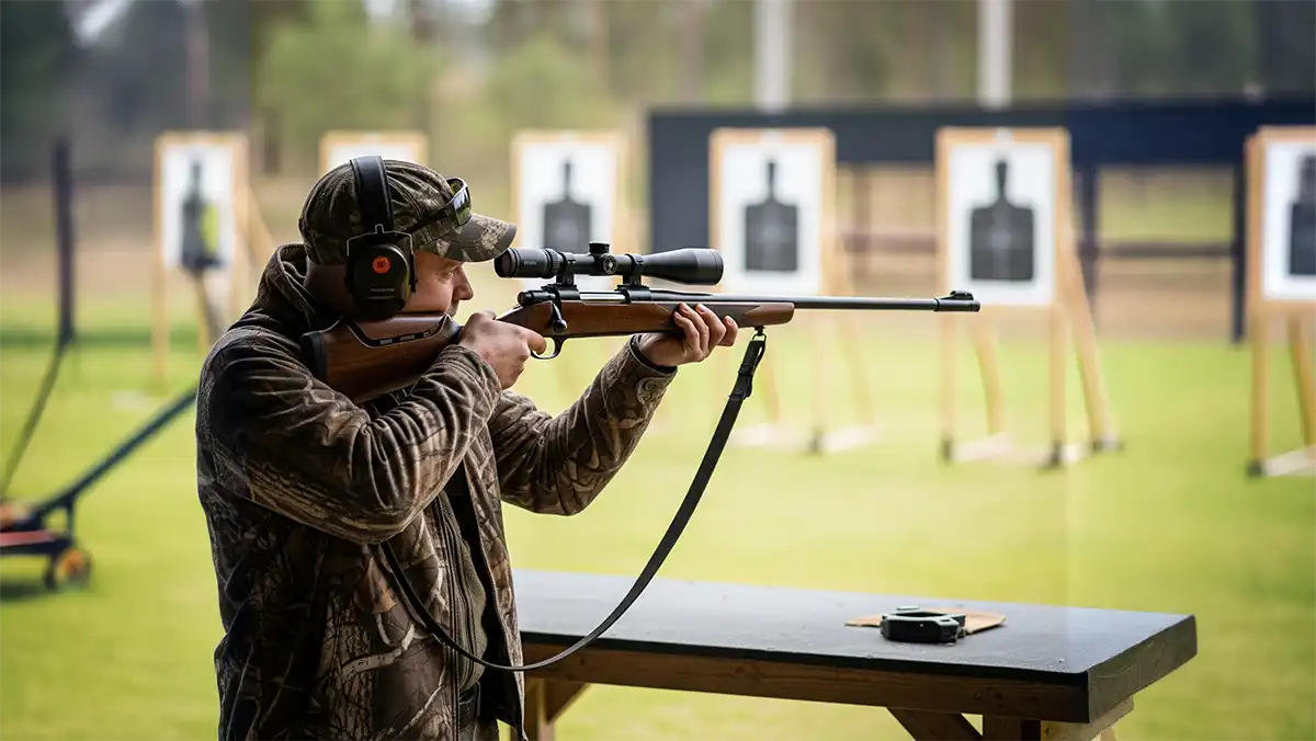Cazador practicando técnicas de puntería con rifle de caza