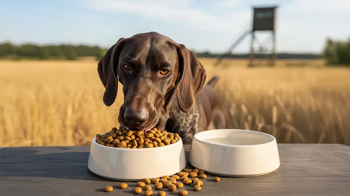 Perro de caza alimentándose con una dieta especializada para máximo rendimiento