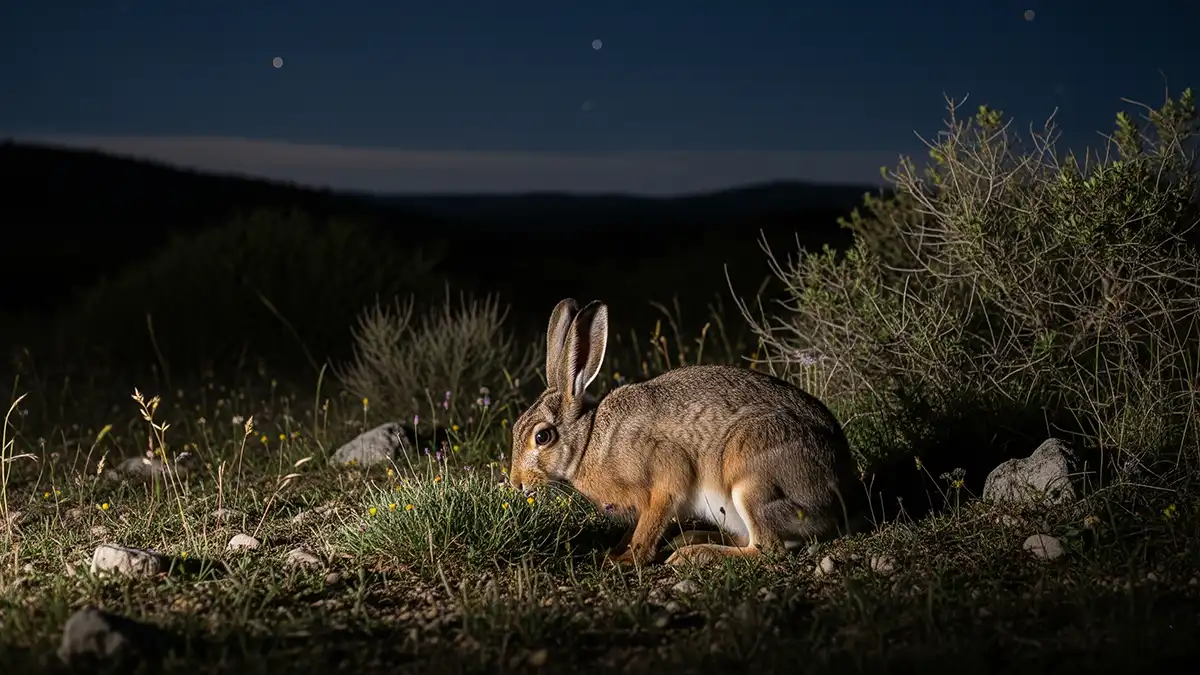 Iepure iberic hrănindu-se în habitatul său natural, arătând comportamentul tipic de hrănire