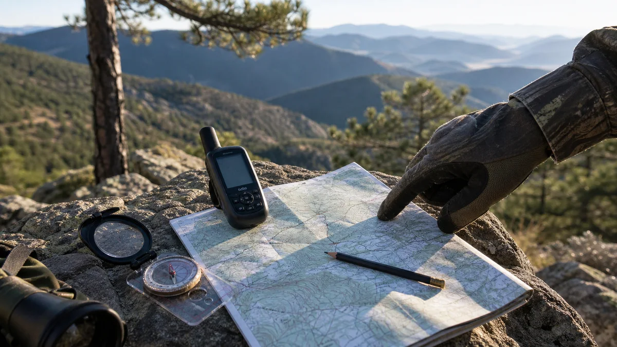 Topografická mapa, kompas a GPS sloužící k orientaci na lovu