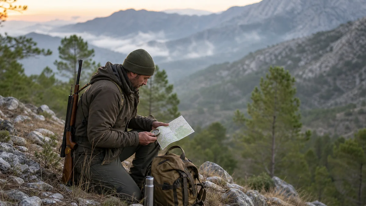 Hunter konzultační mapa a kompas na středomořské hoře za úsvitu