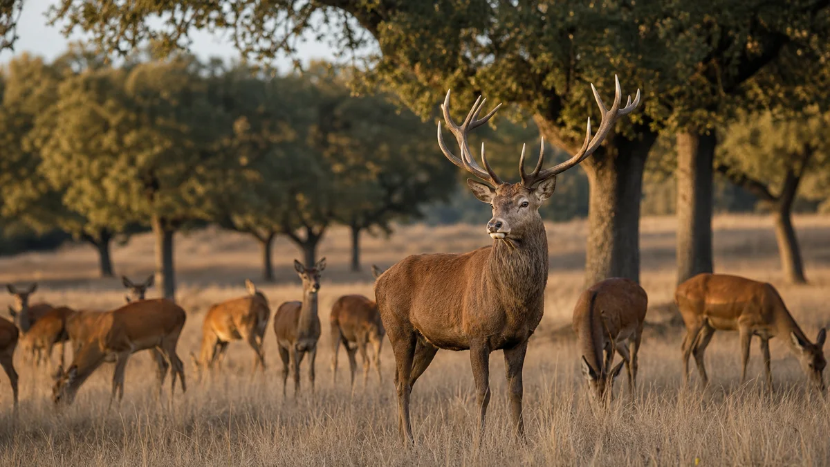 Venado adulto con cuerna desarrollada en un paisaje de caza mediterráneo