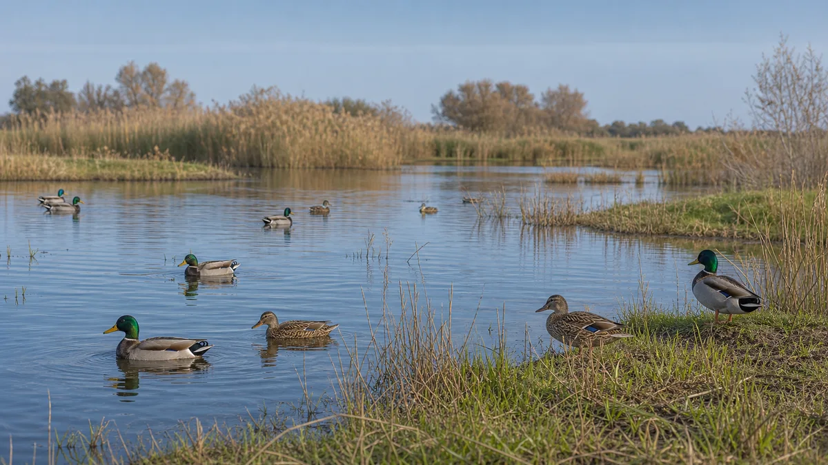 Ánades reales en una masa de agua tranquila con vegetación palustre