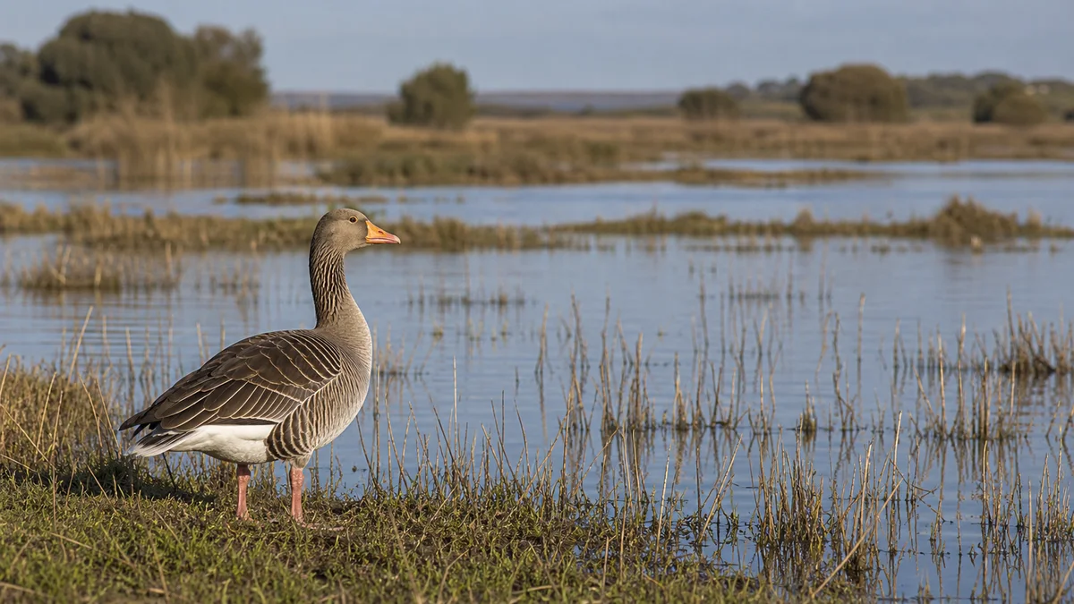 Ánsar común en la orilla de una laguna, con el plumaje gris pardo y el pico anaranjado