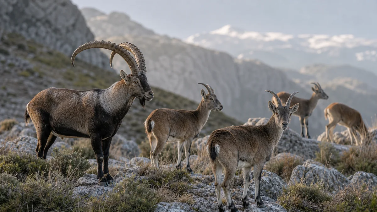 Grupo de cabras monteses en época de celo en un paisaje de montaña