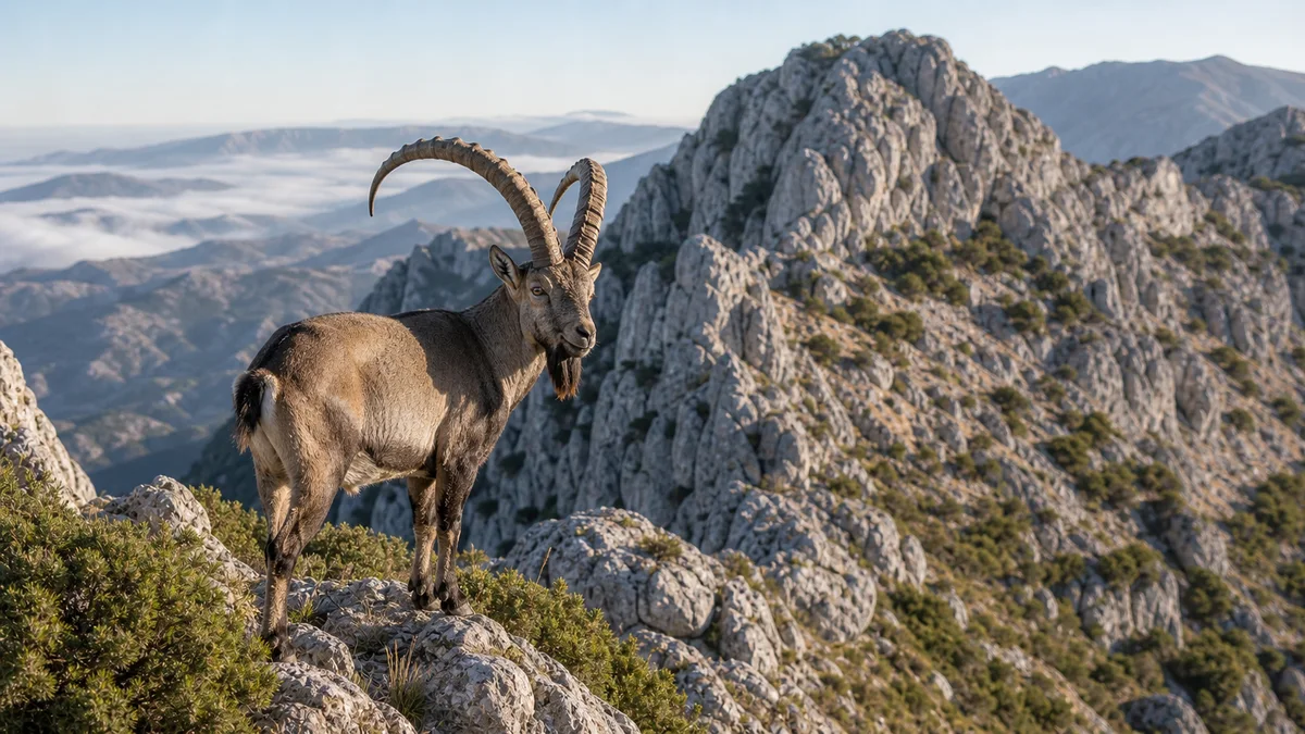 Macho de cabra montés en un risco de caliza, con los cuernos largos curvados hacia atrás