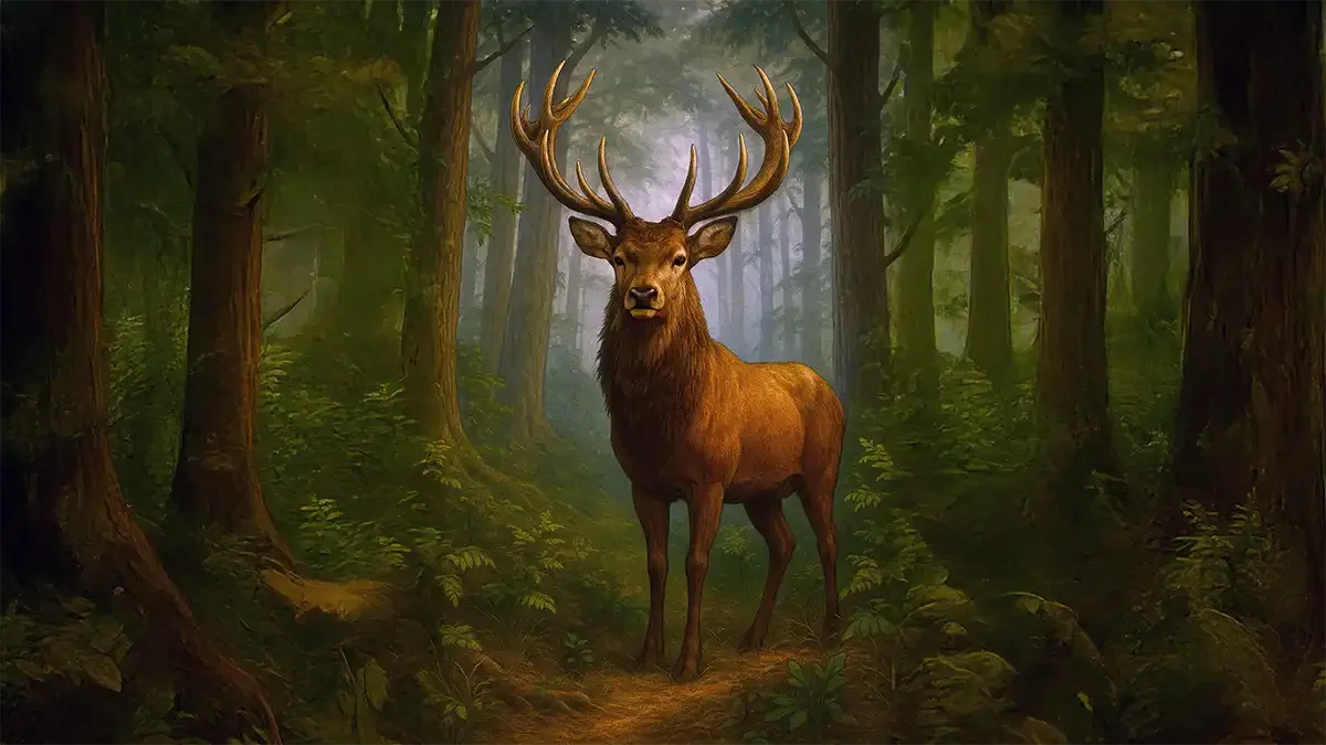 Ciervo macho de frente en un bosque, con una cuerna grande y muy ramificada