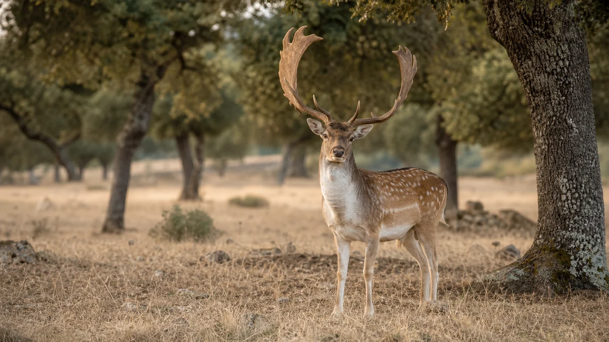 Gamo macho en una dehesa, con la cuerna ancha en forma de pala y el pelaje con manchas blancas