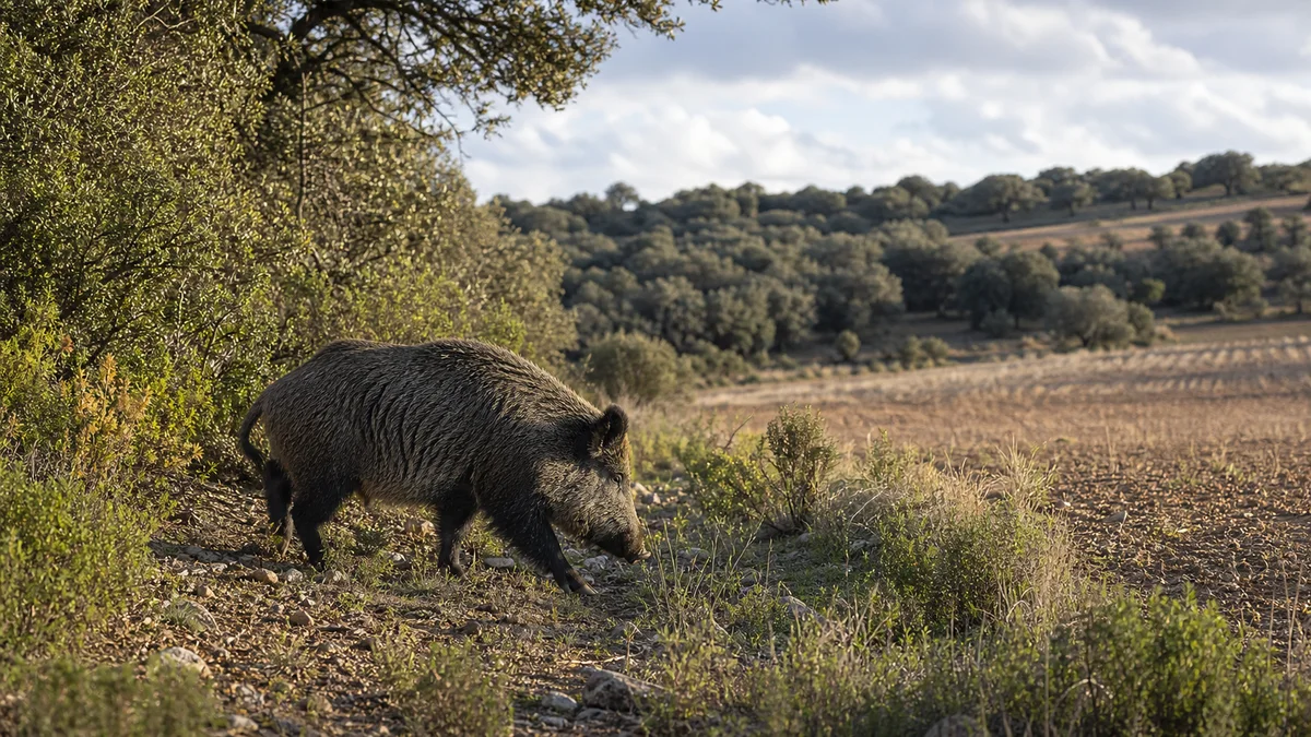 Jabalí cruzando un borde de bosque y zona agrícola, hábitat variado de la especie