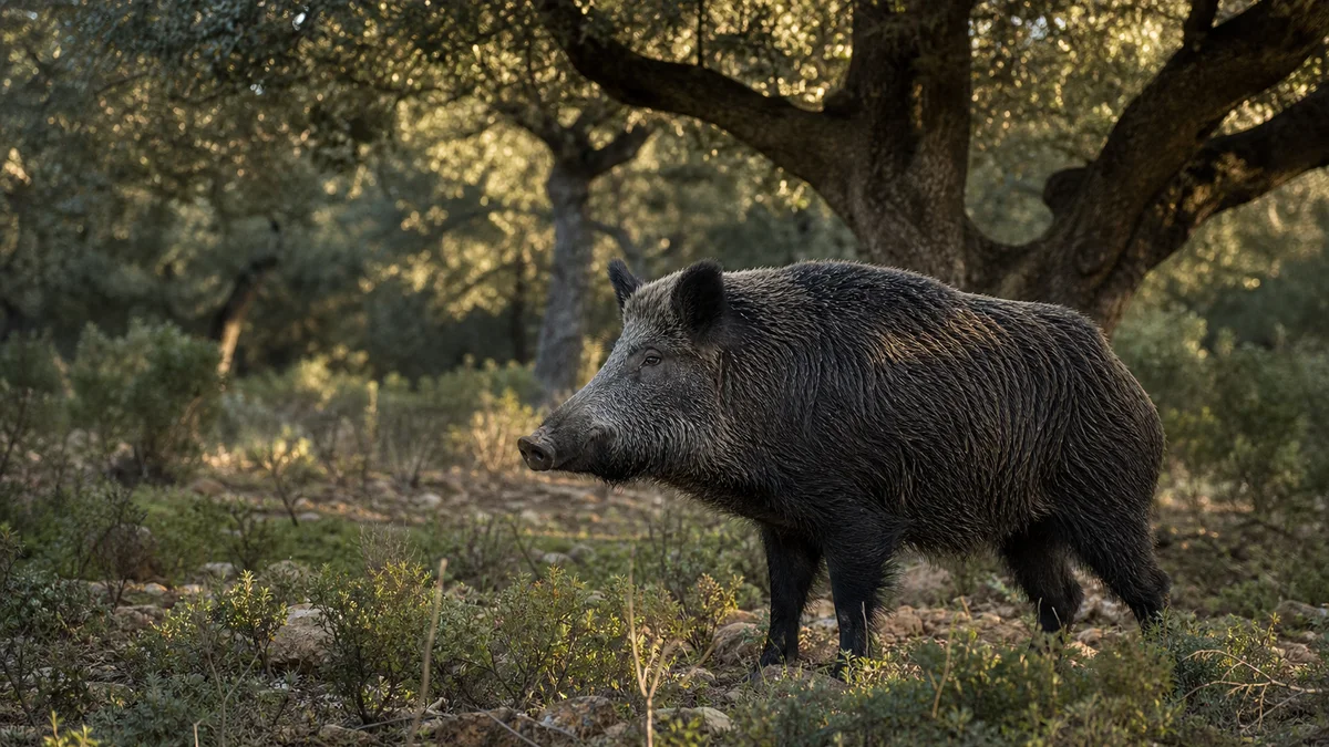 Jabalí de perfil bajo unas encinas, con el pelaje oscuro e hirsuto y el hocico alargado