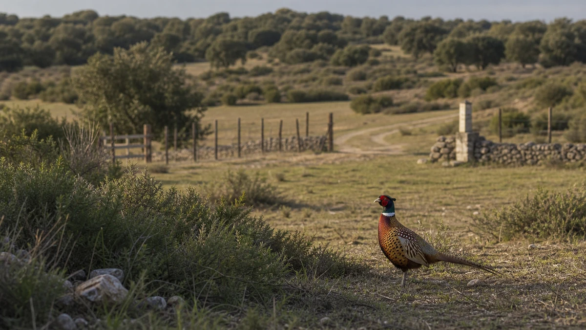 Faisán común en un coto mediterráneo con franjas de cobertura y paisaje agrícola gestionado