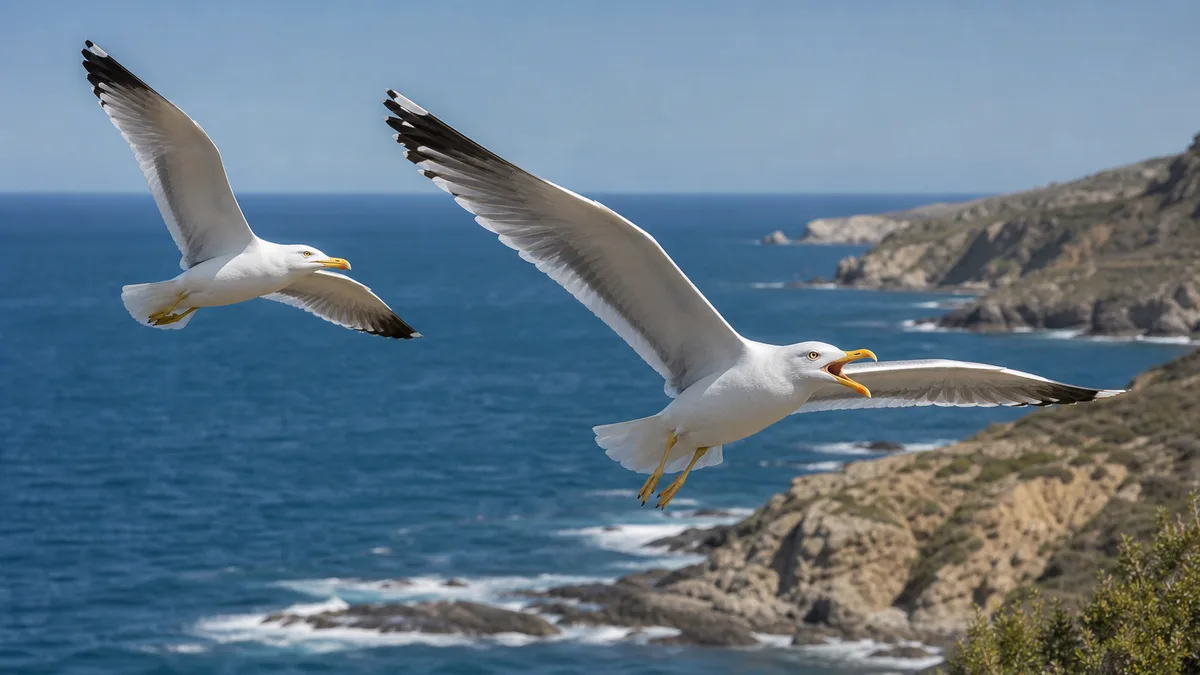 Gaviotas patiamarillas volando y vocalizando sobre un acantilado costero