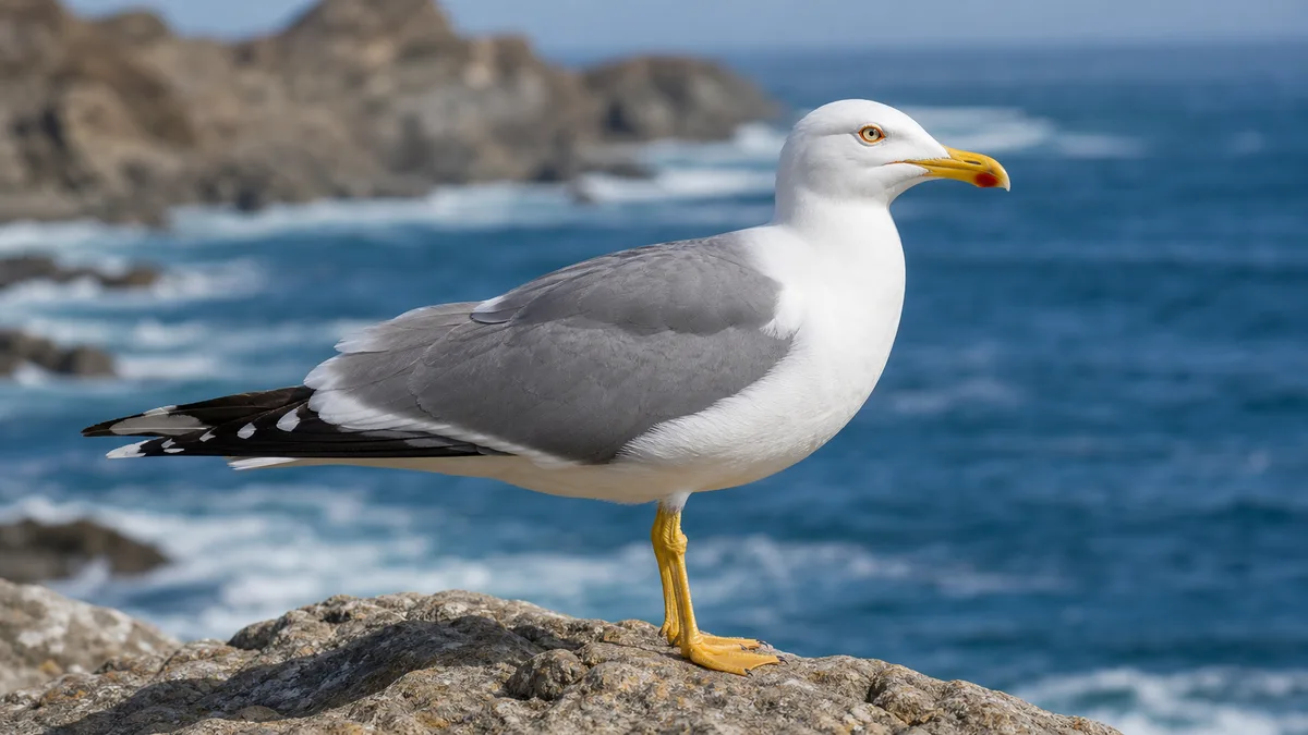 Gaviota patiamarilla en perfil mostrando manto gris, pico amarillo y patas amarillas