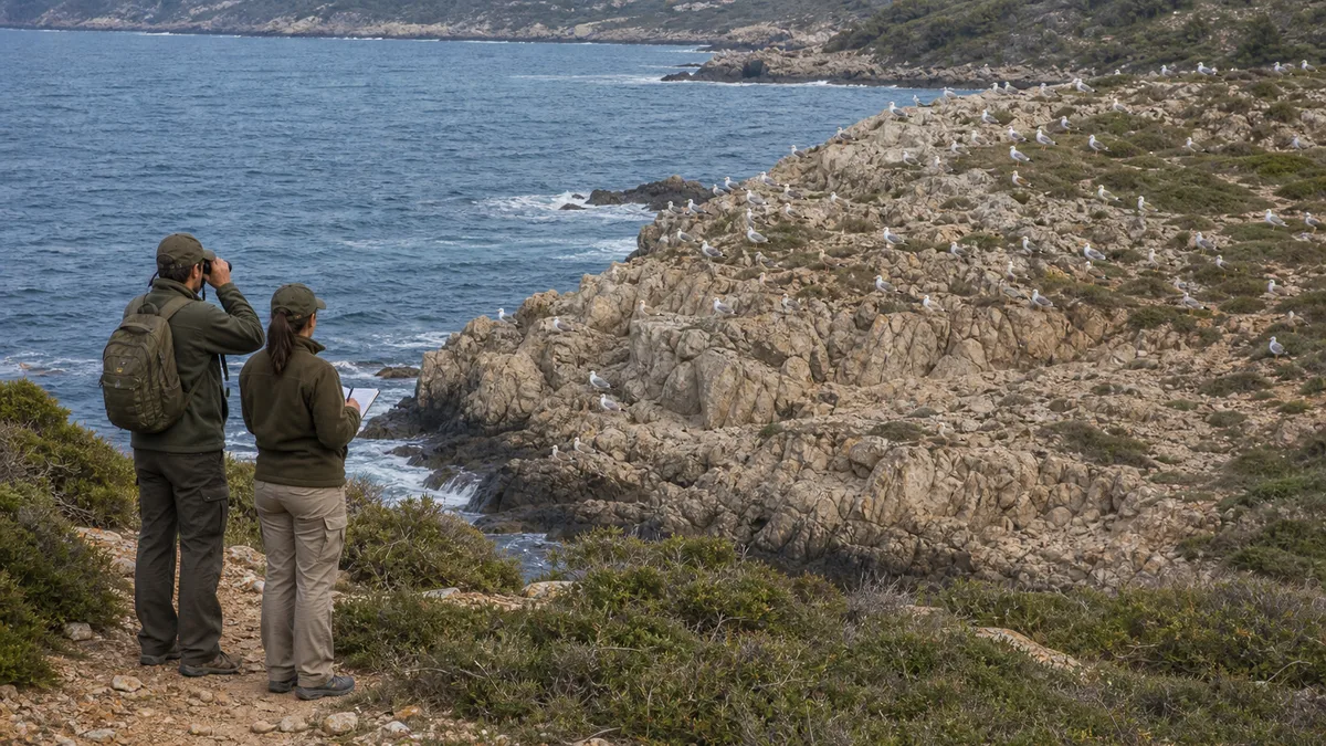 Técnicos observando a distancia una colonia de gaviota patiamarilla en la costa