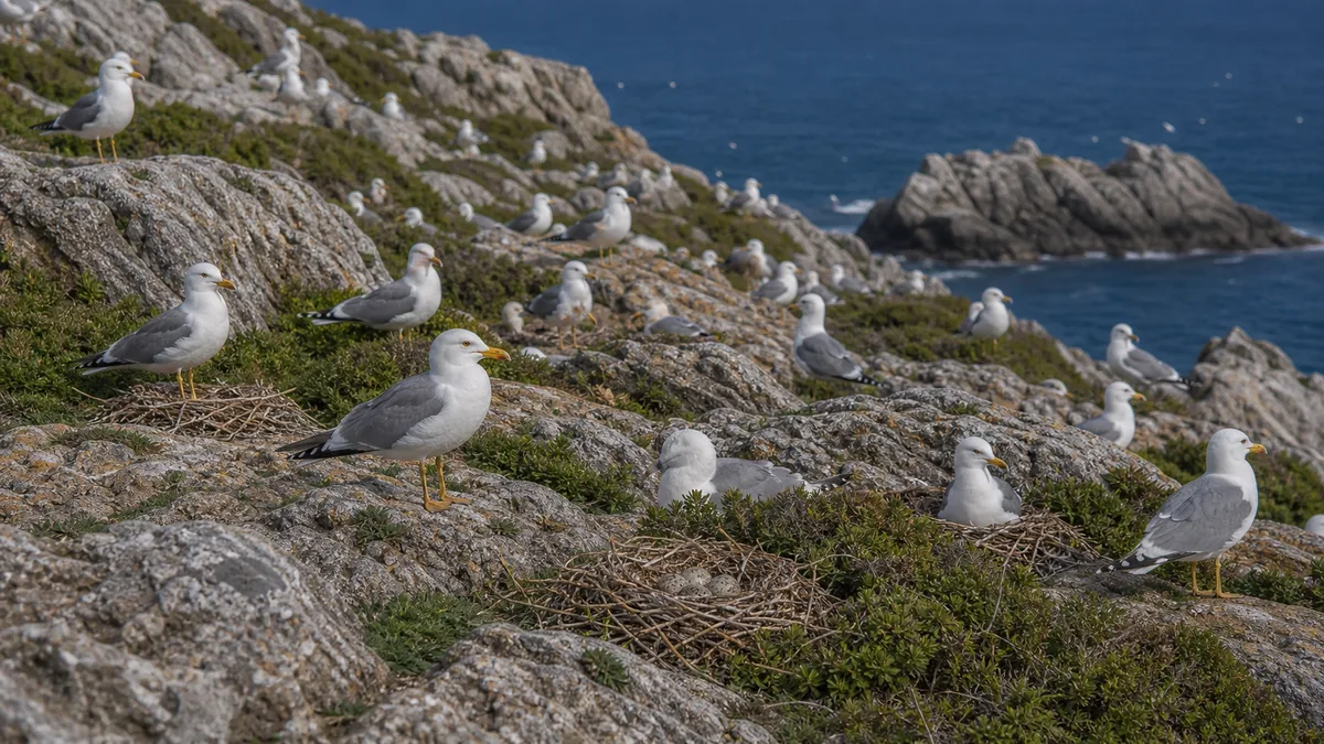 Colonia de gaviota patiamarilla con nidos entre rocas y vegetación costera