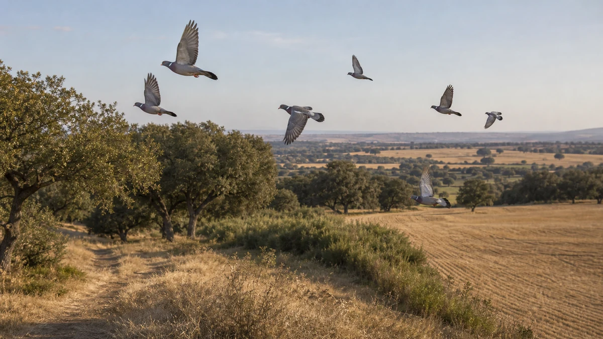 Palomas torcaces cruzando un paso natural entre dehesa y rastrojo