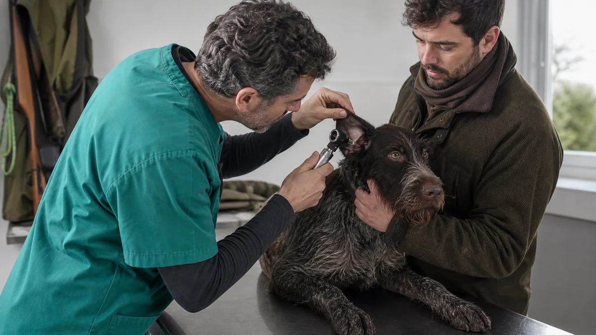 Veterinario revisando el oído de un perro de caza después de una jornada en vegetación húmeda