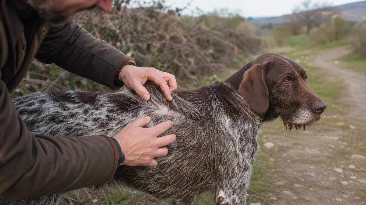Revisión del pelaje de un perro de caza para detectar irritaciones o heridas tras cruzar maleza