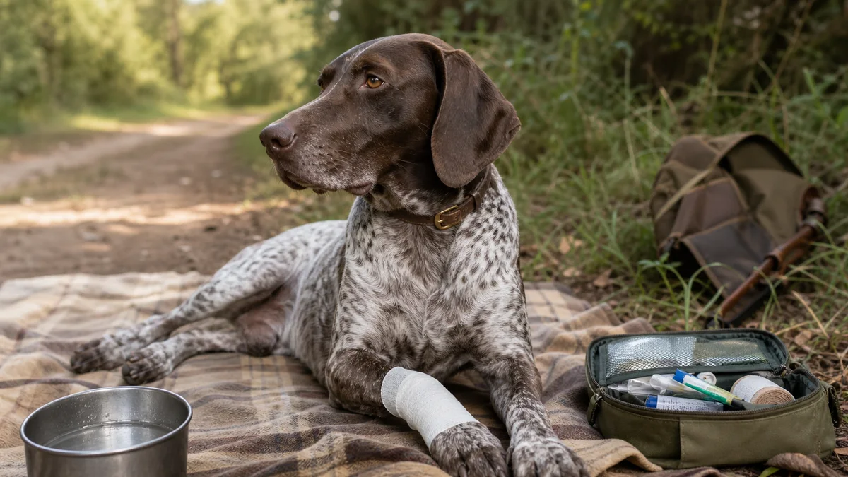 Perro de caza descansando con una pata vendada tras una posible lesión osteomuscular