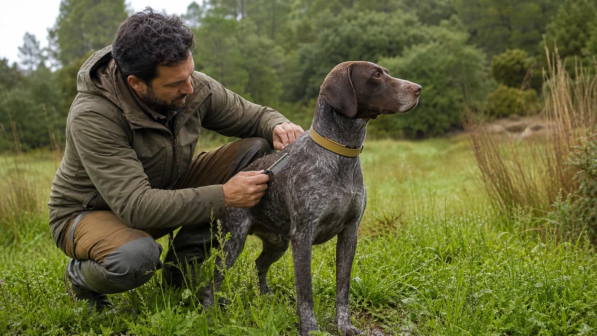 Prevención de parásitos en un perro de caza mediante revisión del pelaje en campo