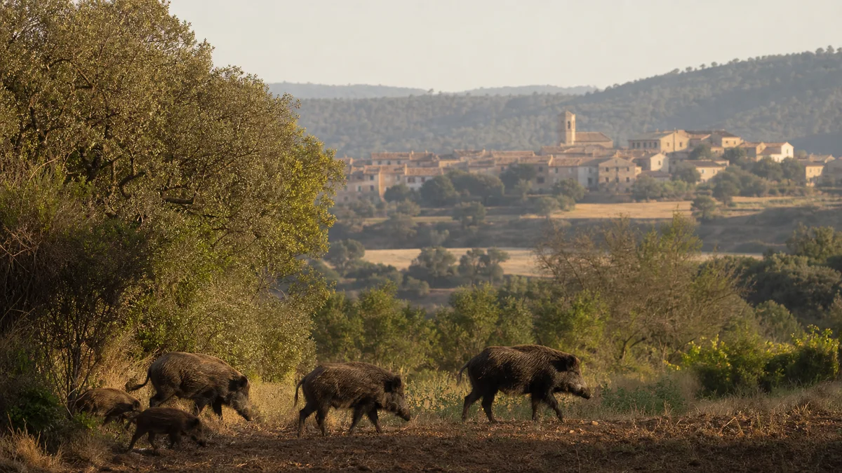 Jabalíes en un paisaje mediterráneo de Cataluña con cultivo y matorral