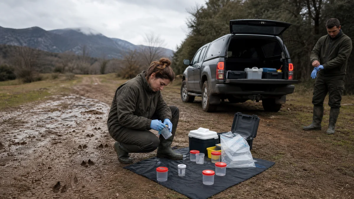 Técnicos de fauna preparando material de bioseguridad para vigilancia sanitaria de jabalíes