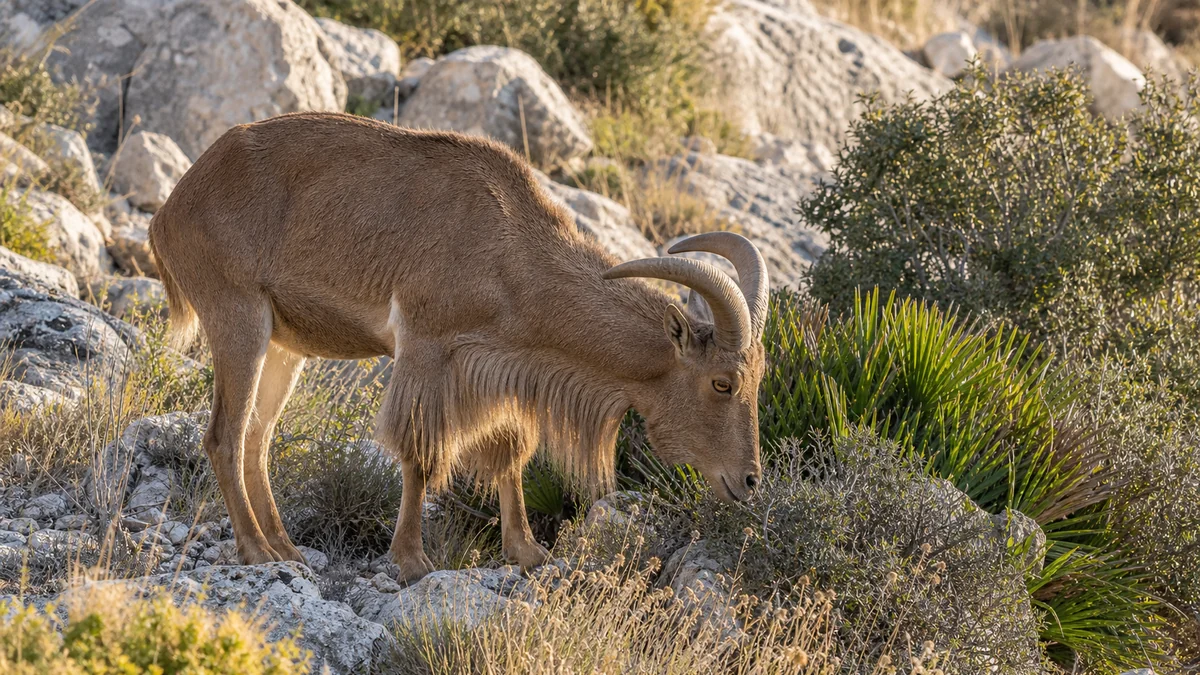 Arruí alimentándose de hierbas y brotes entre rocas