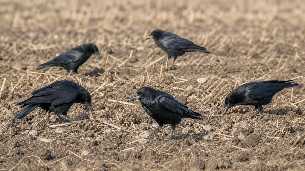 Cornejas negras buscando alimento en un campo cosechado