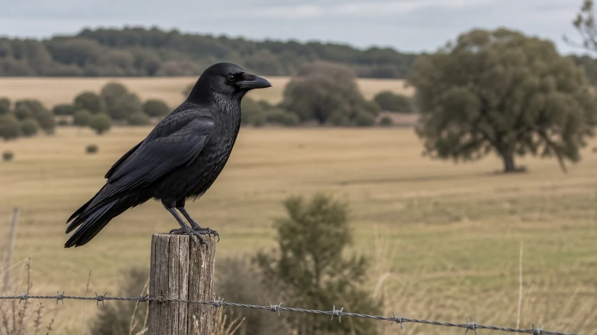 Corneja negra posada en un paisaje agrícola español