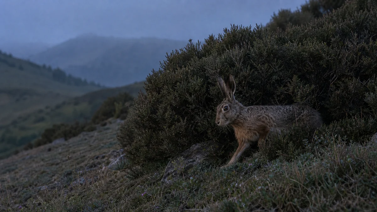 Liebre de piornal camuflada bajo matorral de montaña