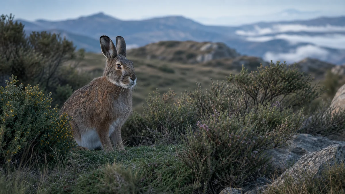 Liebre de piornal en matorral de alta montaña cantábrica