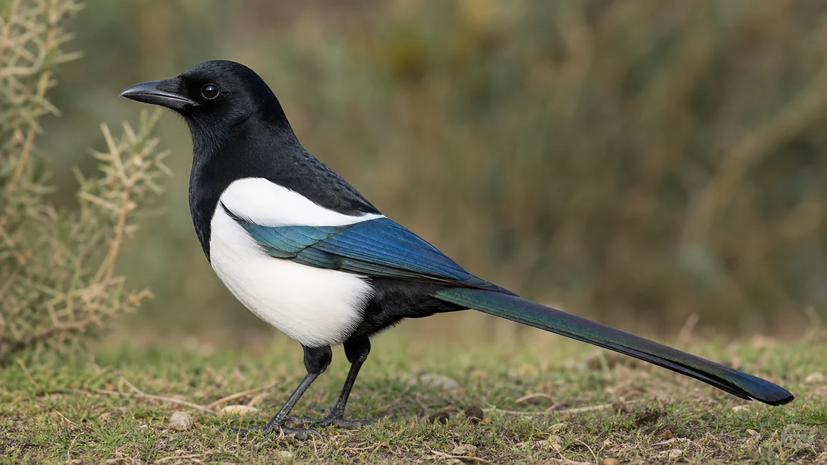 Coțofană din profil cu penaj alb-negru și coadă lungă