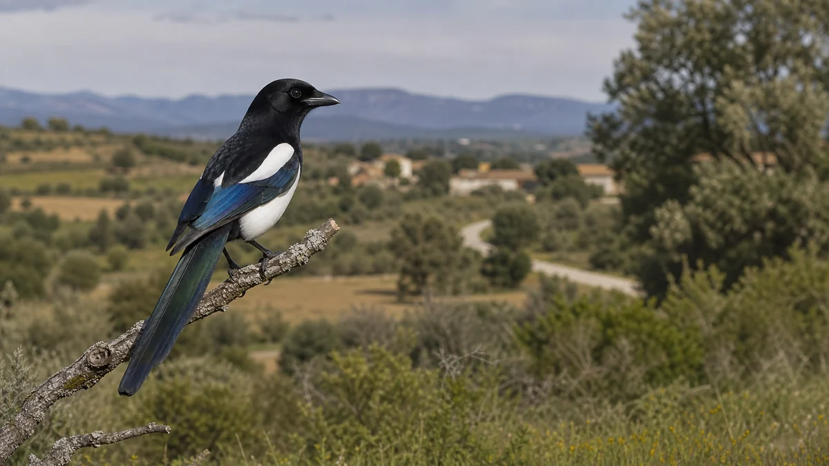 Coțofană așezată într-un copac din peisaj mediteranean
