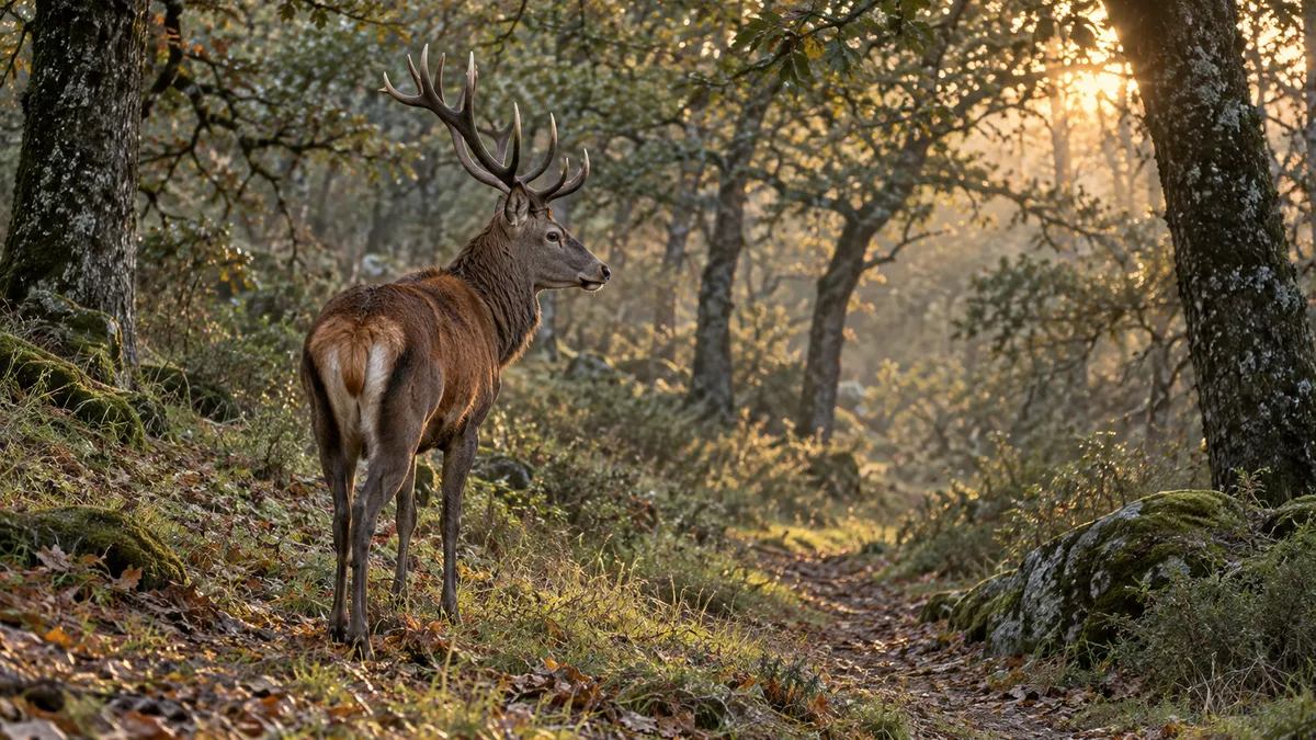 Ilustrație cu un cerb mascul lângă o potecă din pădure, în zori