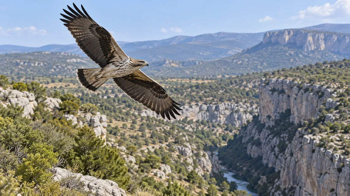 Águila-azor perdicera en vuelo sobre cortados rocosos y monte mediterráneo