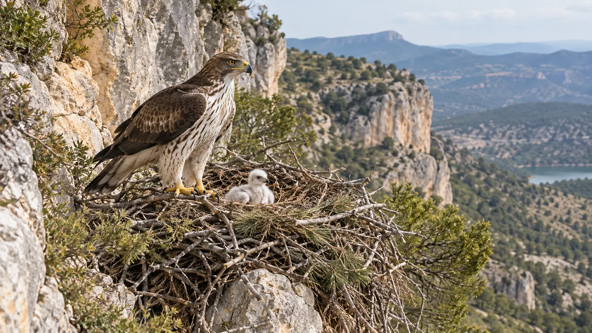 Águila-azor perdicera adulta con un pollo en un nido sobre una repisa rocosa