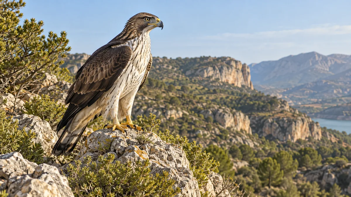 Águila-azor perdicera posada en la roca de un cortado, con el dorso pardo oscuro y el pecho blanco listado