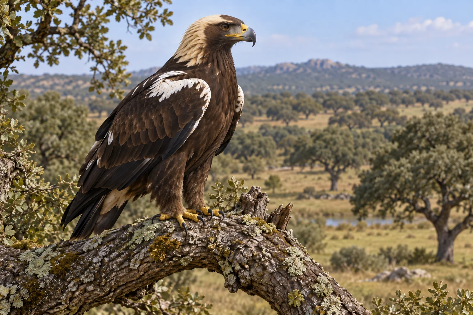 Águila imperial ibérica adulta posada en una rama, con el plumaje pardo oscuro, la nuca clara y los hombros blancos