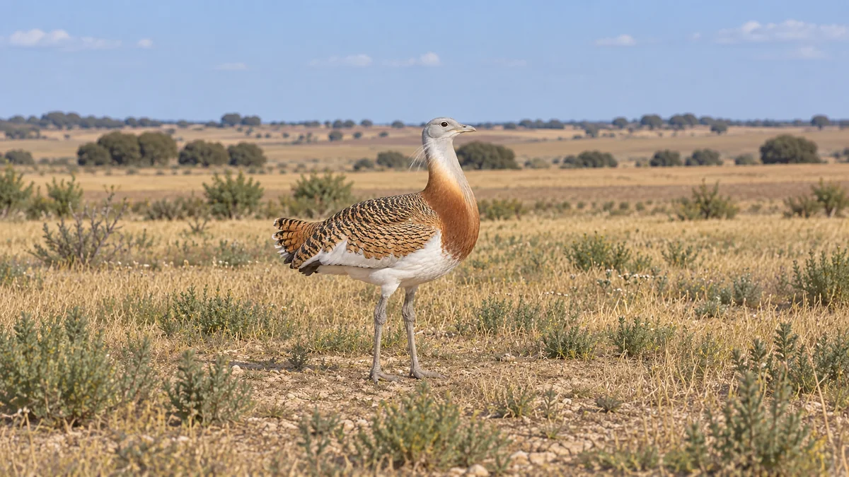 Avutarda macho en una llanura con matorral, con la cabeza gris, el pecho castaño anaranjado y el dorso pardo barrado