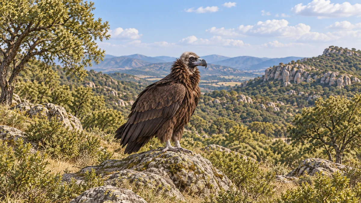 Buitre negro posado en una roca de una sierra con matorral, con el plumaje pardo oscuro