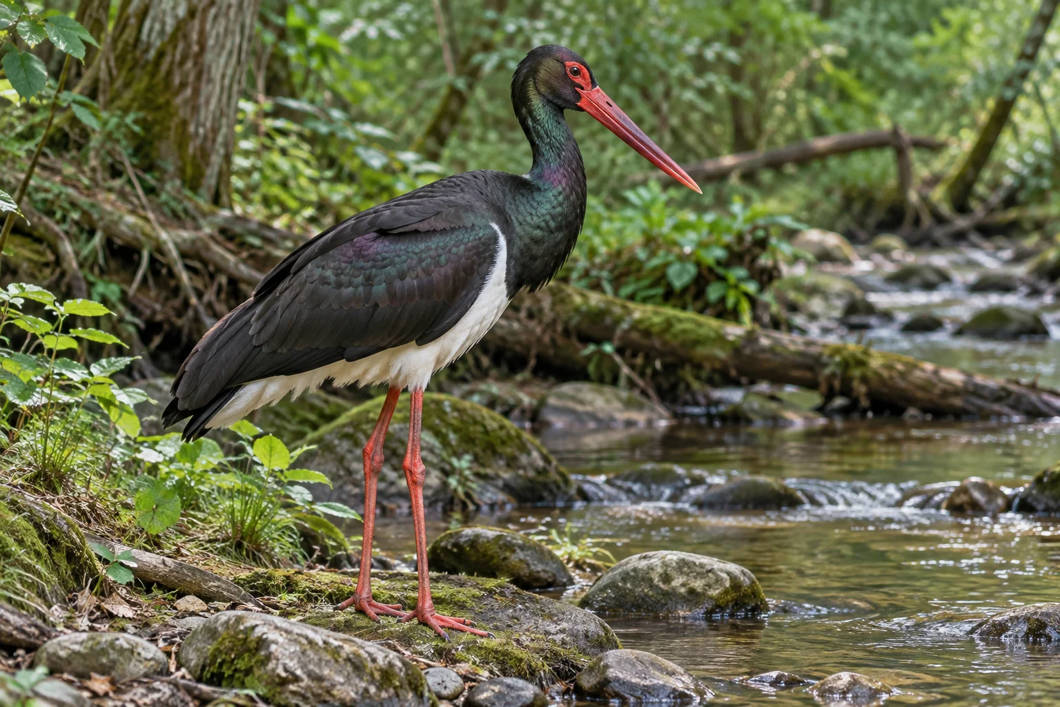 Cigüeña negra junto a un arroyo, con el plumaje negro irisado, el vientre blanco y el pico y las patas rojos