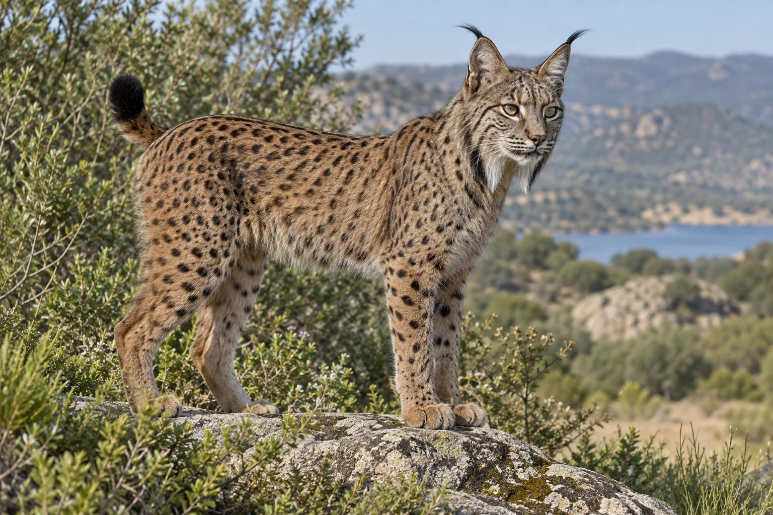 Lince ibérico de pie sobre una roca, con el pelaje moteado de negro, las patillas y los pinceles de las orejas