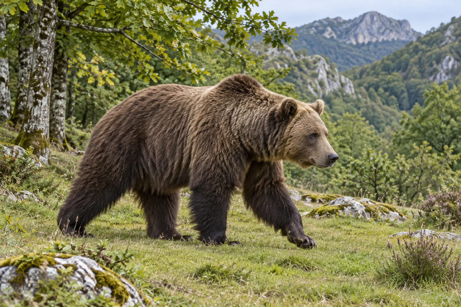 Oso pardo cantábrico caminando por un prado de montaña junto a un bosque, con el pelaje pardo y espeso