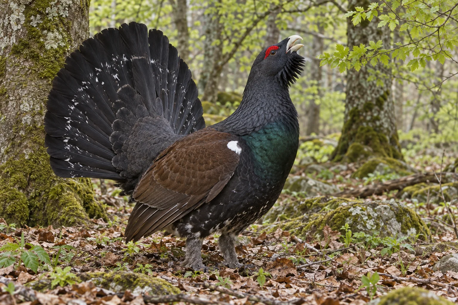 Urogallo macho en el suelo de un bosque, con la cola abierta en abanico, el plumaje negro y verdoso y la ceja roja