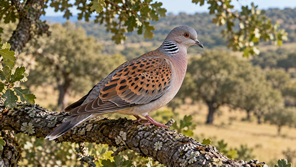 Tórtola europea posada en una rama, con el dorso escamado y la mancha listada del cuello