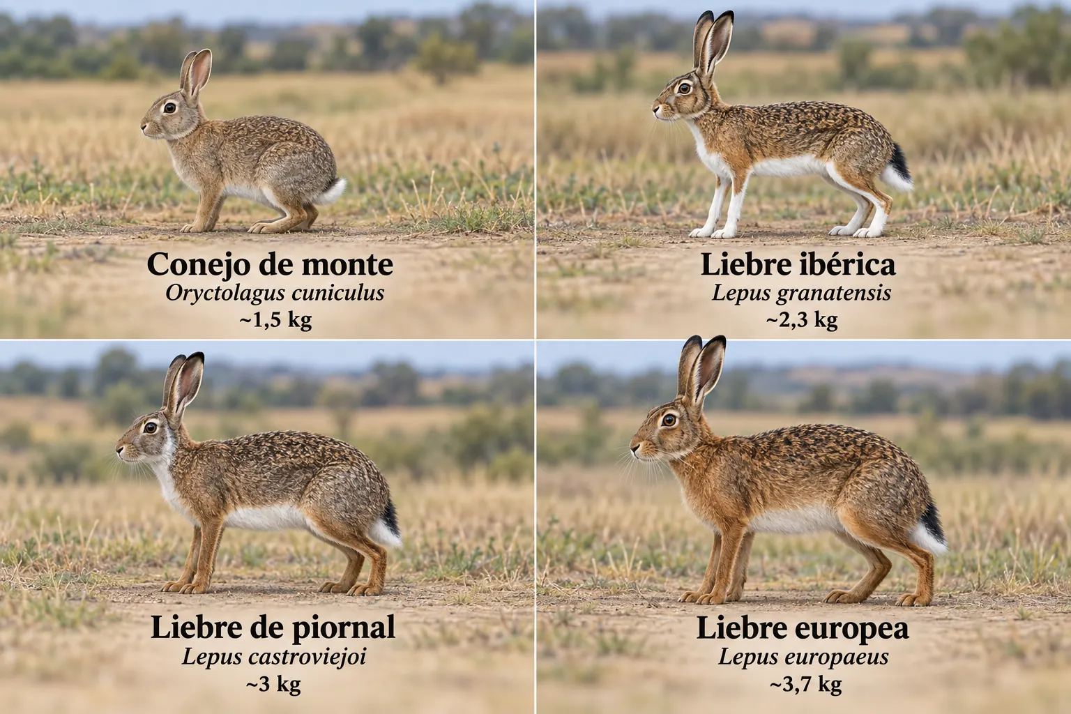 Iepurele de vizuină, iepurele iberic, iepurele de piornal și iepurele de câmp din profil, la aceeași scară: iepurele de câmp este cel mai mare, cu picioarele fără pete albe și cu albul abdomenului puțin întins